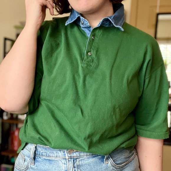 Vintage Green Shirt with Denim Collar | XL - Picture 2 of 6